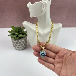 Dyadema Bronze Gold Chain Blue Green Floral Heart Necklace Italy Women Jewelry